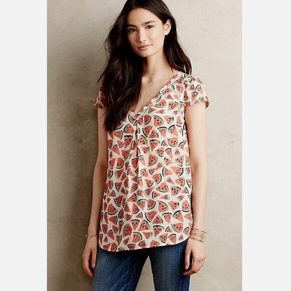 Anthropologie Maeve Watermelon Pink White Short Sleeve Summer Tunic Blouse Small - Picture 3 of 10